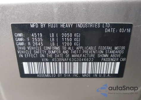 2016 Subaru Legacy 2.5I Premium из США, поврежденный, VIN 4S3BNAF63G3046622